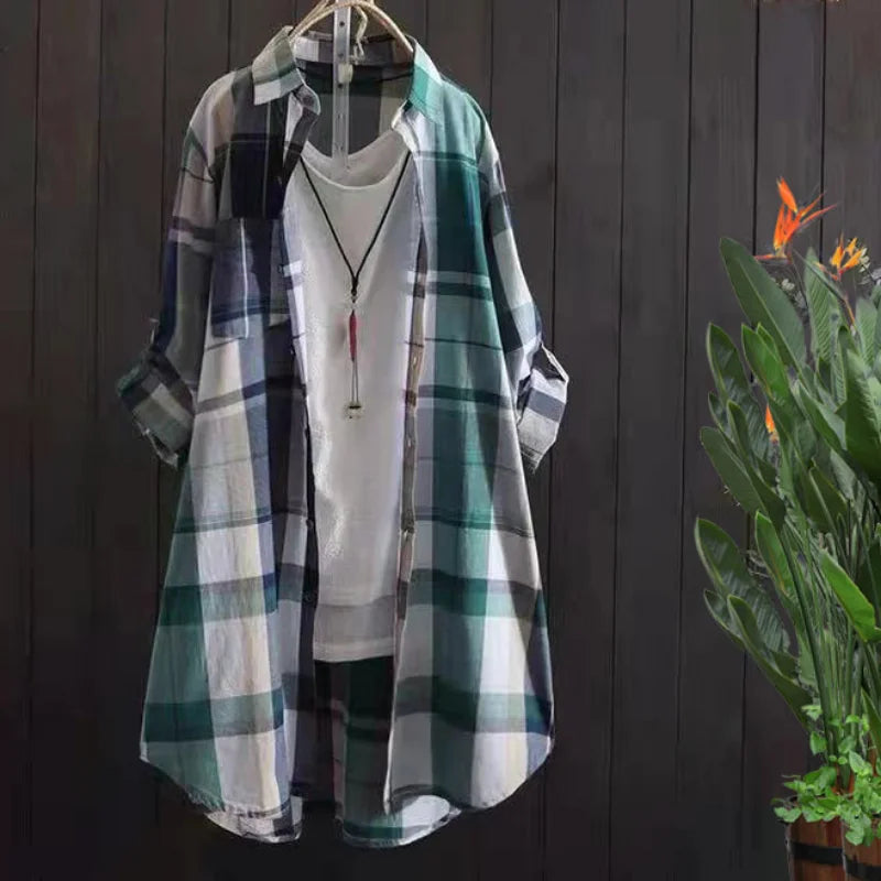 Plaid Cotton Mid Length Blouses Women 2023 Autumn  Long Sleeve Elegant