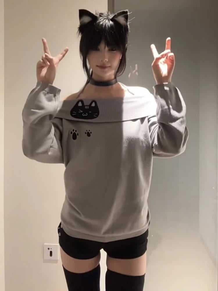 Cute Embroidery Off The Shoulder T Shirt Women Kawaii Cat Long Sleeve