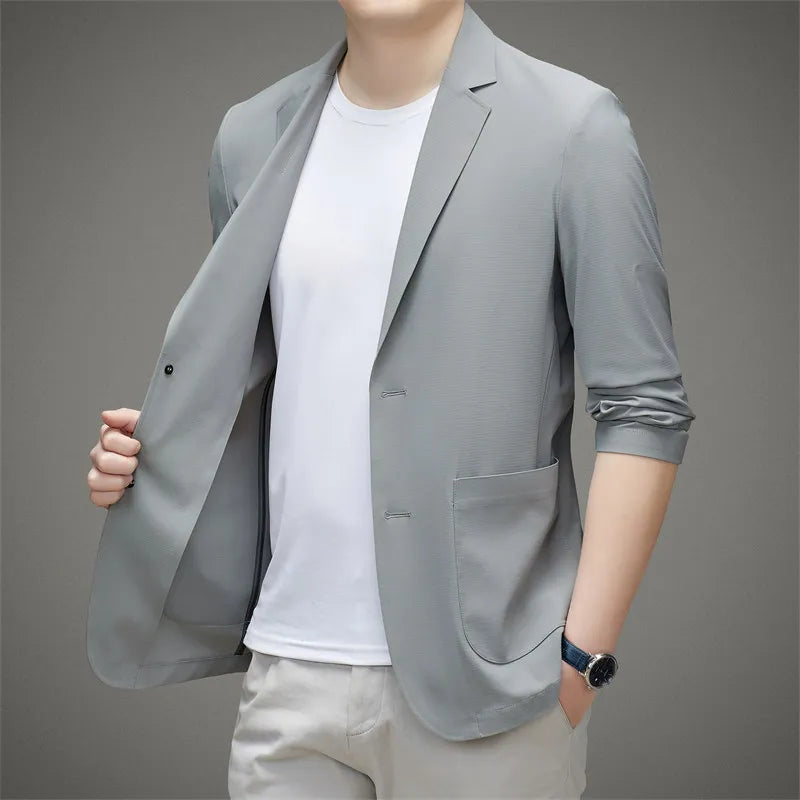 Minimalist Men Casual Blazer Ice Silk Nylon Spandex Seamless High