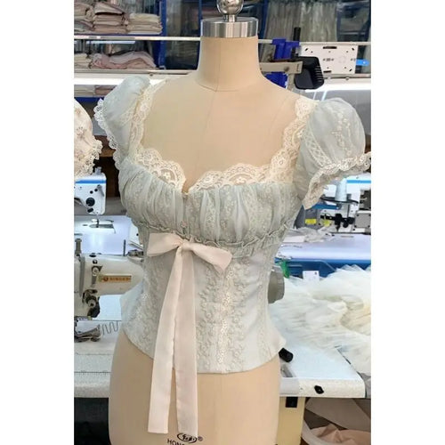 French Vintage Sweet Lace Trim Floral Blouse Women Bow Tie Front