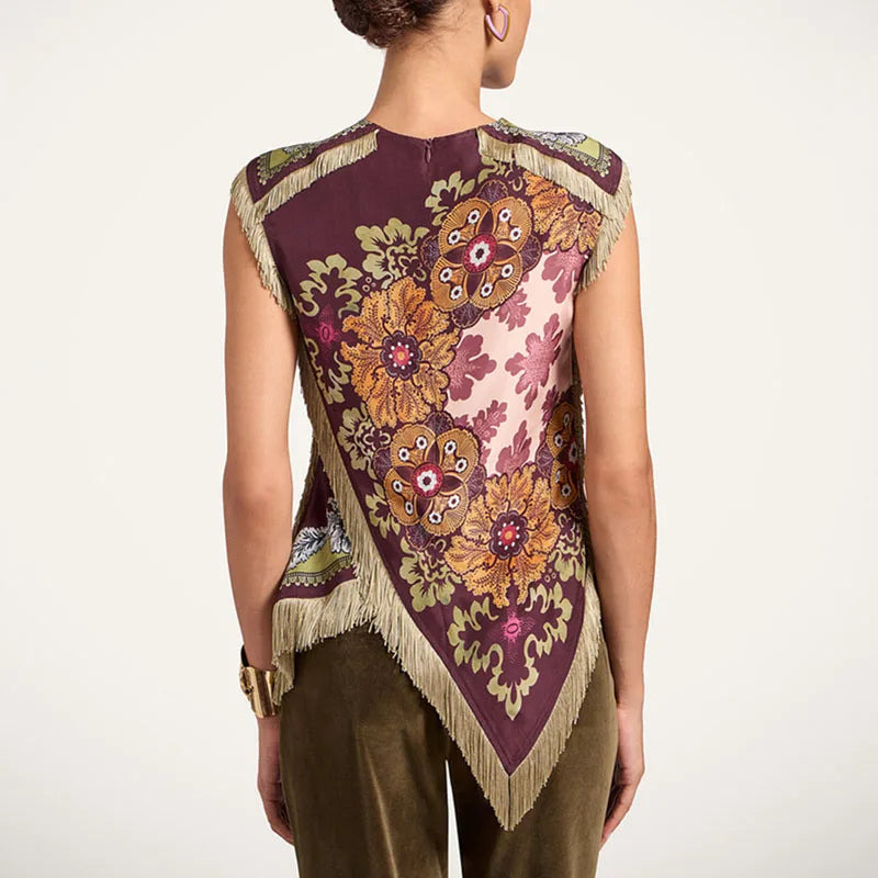Ethnic Vintage Floral Print Woman Clothes Elegant O Neck Tassel Cross