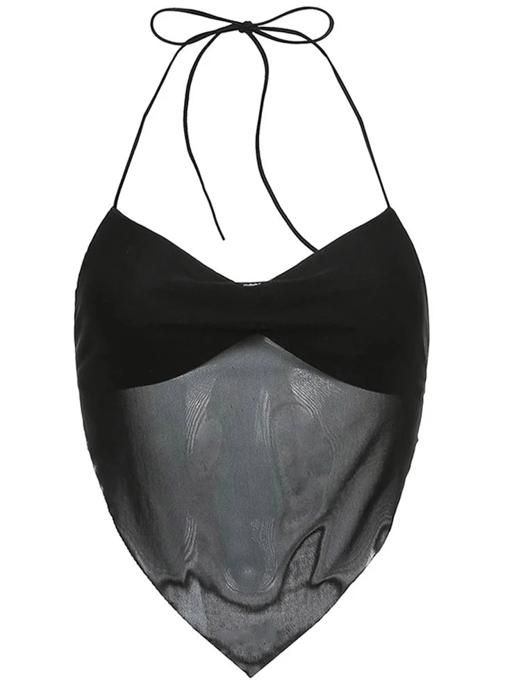 Sexy Transparent y2k Mesh Halter Tops Women V-neck Backless Korean