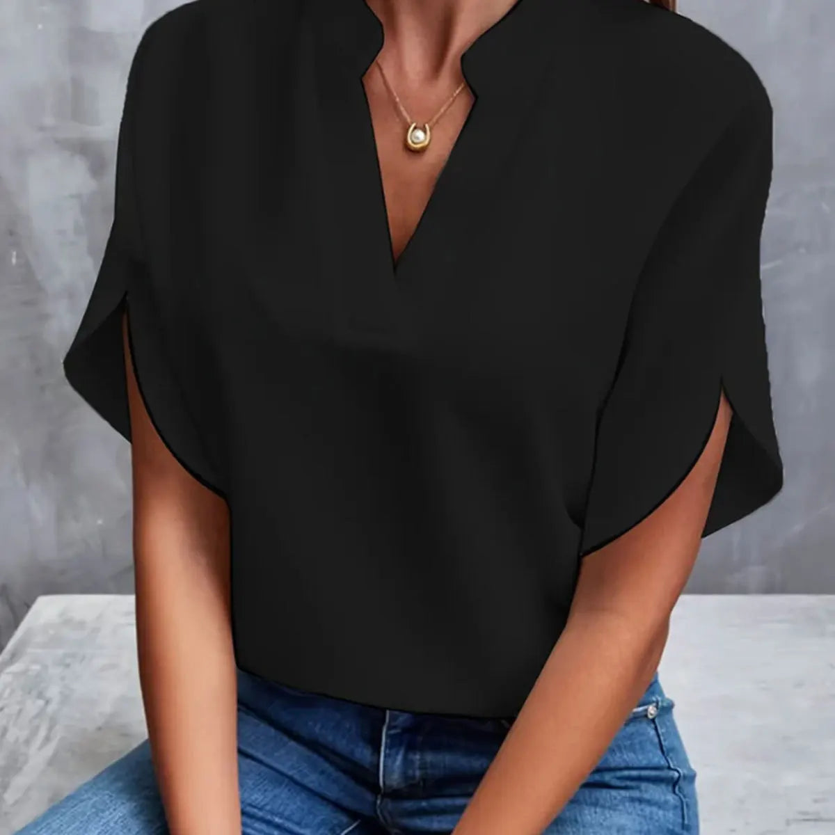 Women Elegant Solid V Neck Blouse Casual Short Sleeve Loose Shirt