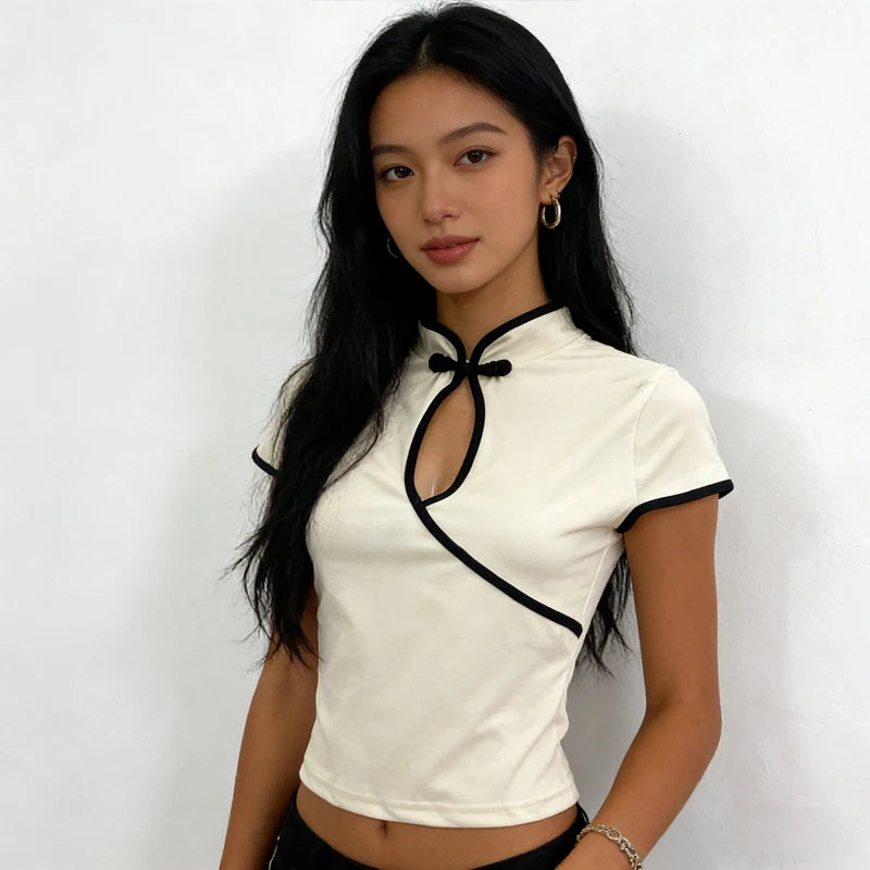 Women's Beige Chinese Style Cheongsam Blouse Vintage Mandarin Collar
