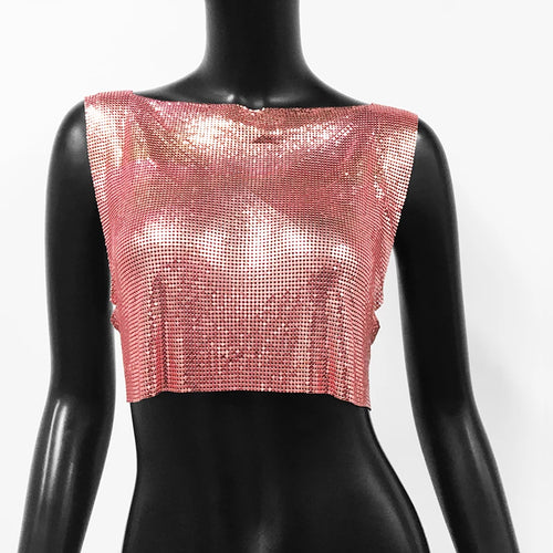 2024 New Shiny Metal Sequins Tank Top Sexy Round Neck Backless