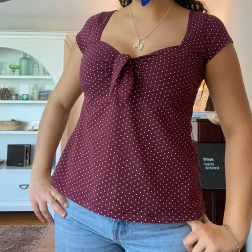 Women Fairy Grunge Coquette Shirts Y2K Polka Dot Puff Short Sleeve