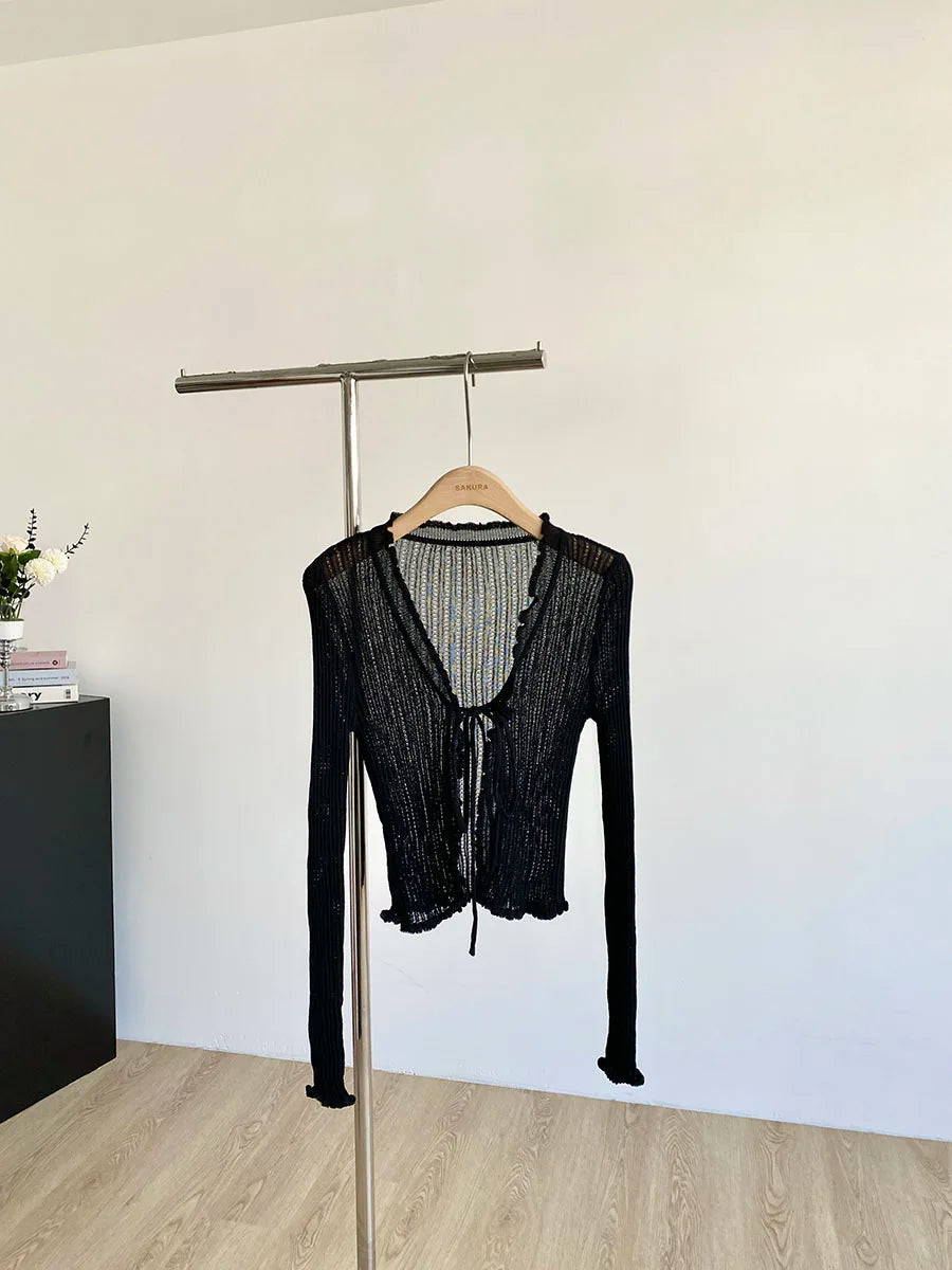 Ribbed Knit Cardigan with Tie Front Ruffled Trim Crop Tops Lightweight