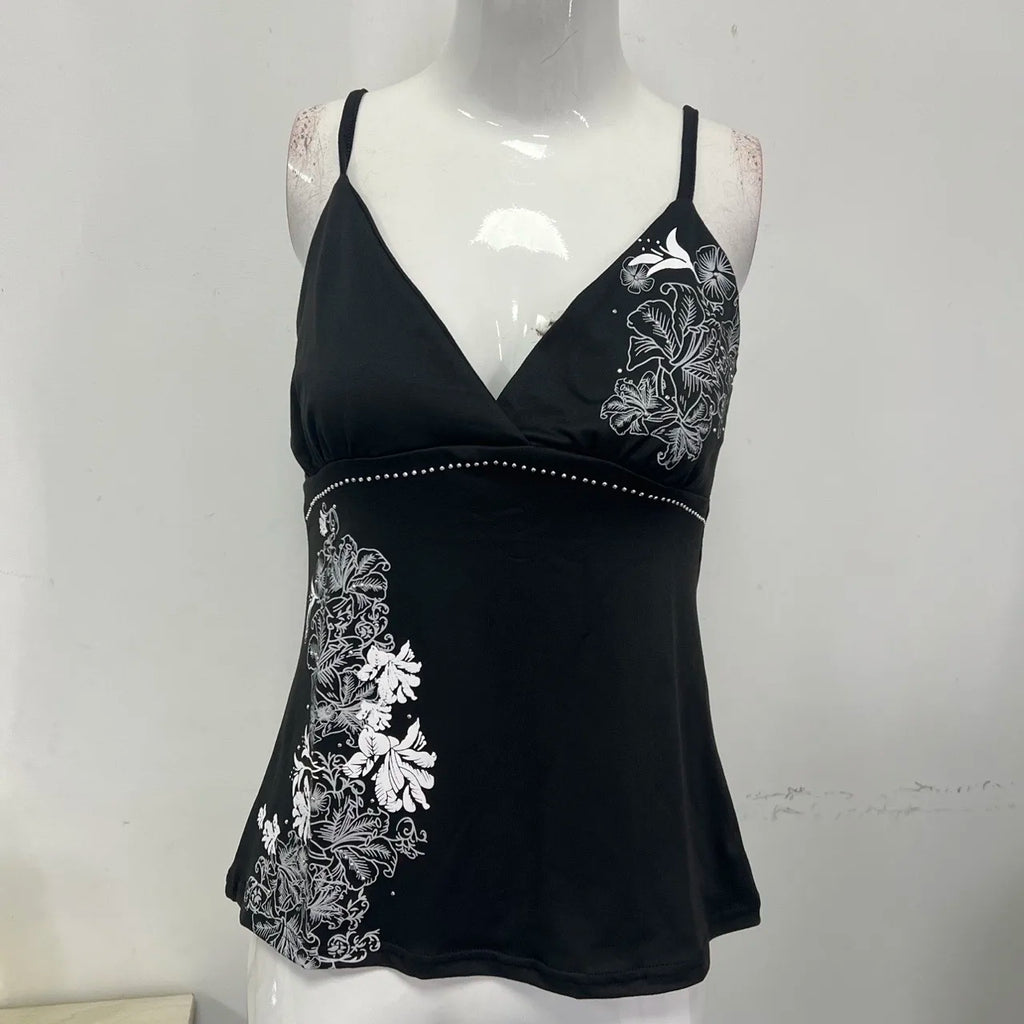 Y2K Vintage Black Suspender Tops Women Harajuku Flower Graphic Print