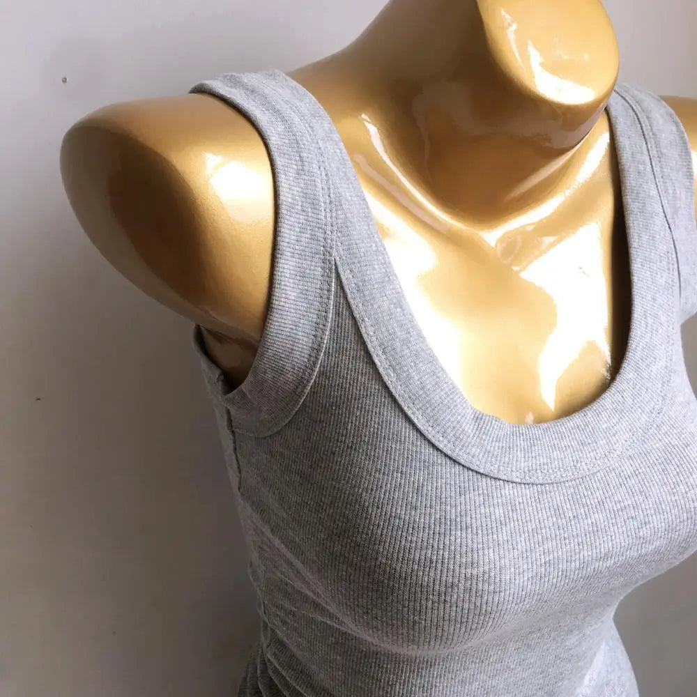 Summer Wide Shoulder Straps Slim Fit White Tank Top Sexy Low Cut