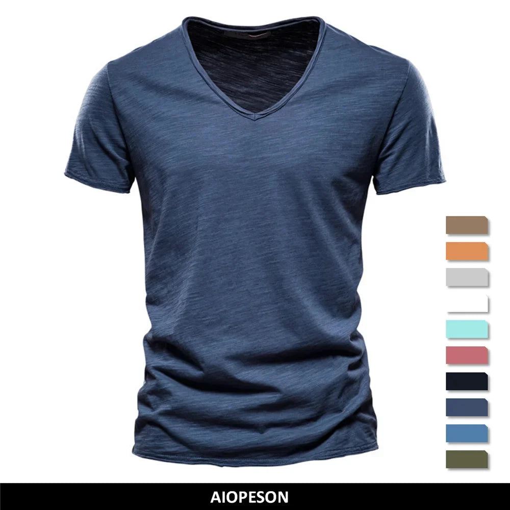 Brand Quality 100% Cotton Men T-shirt V-neck Fashion Design Slim Fit