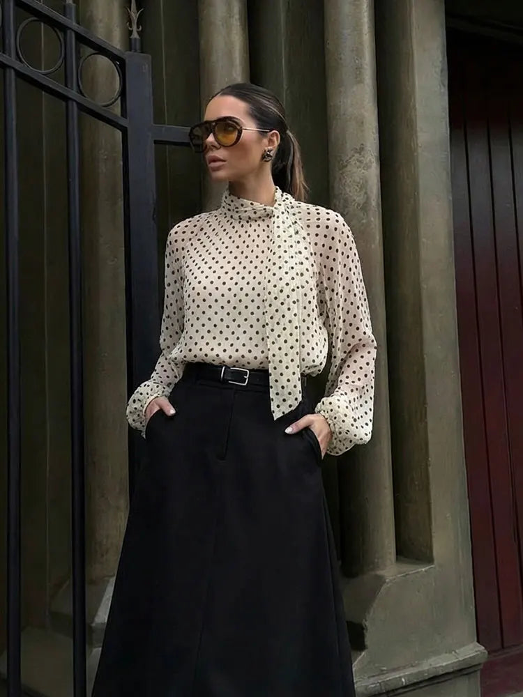 HH Women 2026 Trend Polka Dot Print Blouse Bow Scarf Collar Long