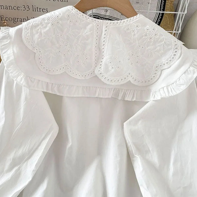 Preppy Style Peter Pan Collar White Shirt Women Spring Summer Long