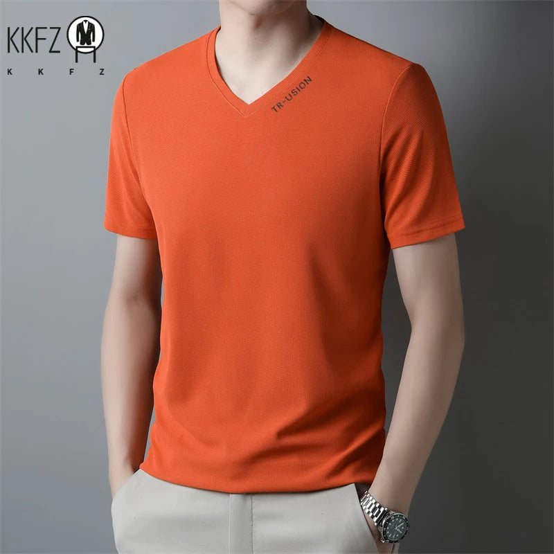 New Men's Casual and Fashionable V-neck Solid Color Short Sleeved