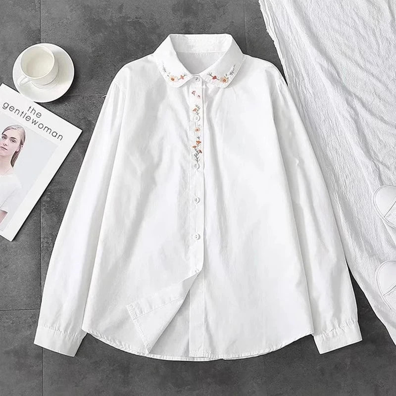 New Pure Cotton White Shirts Women Turn Down Collar Embroidered Long