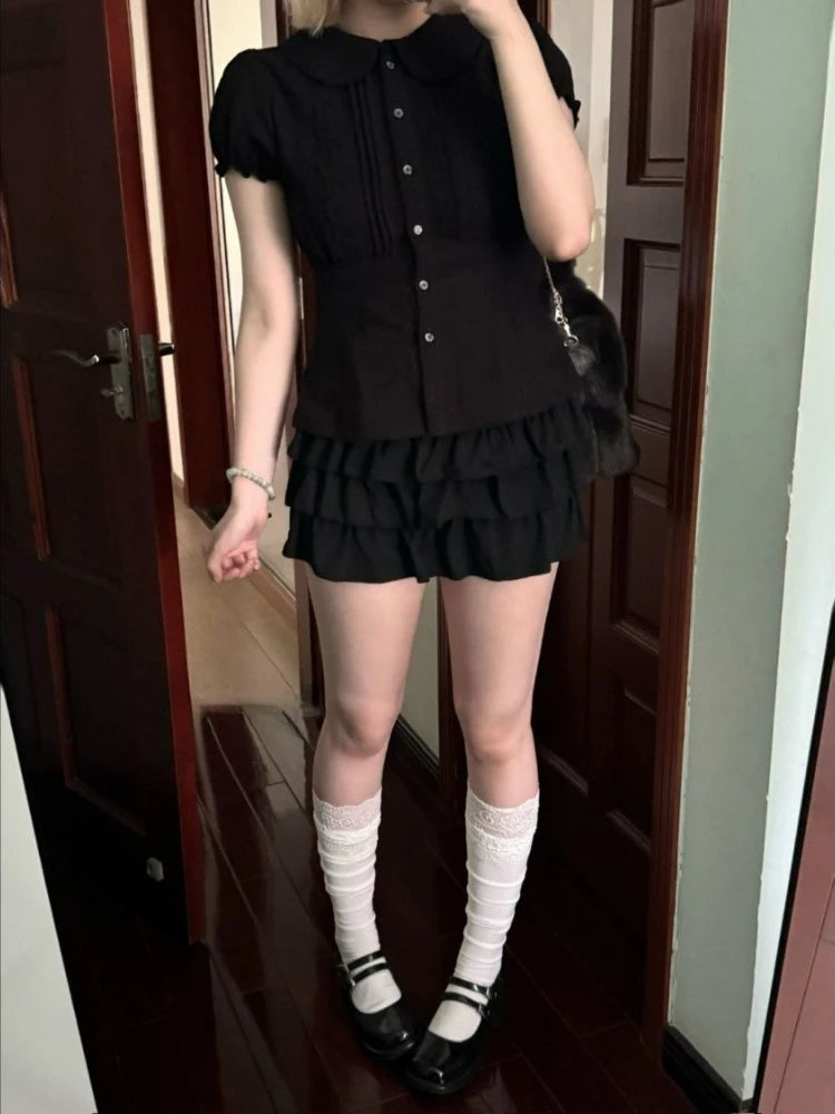 2025 Summer Cute Doll Collar Cropped Black Tops Kawaii Design Short