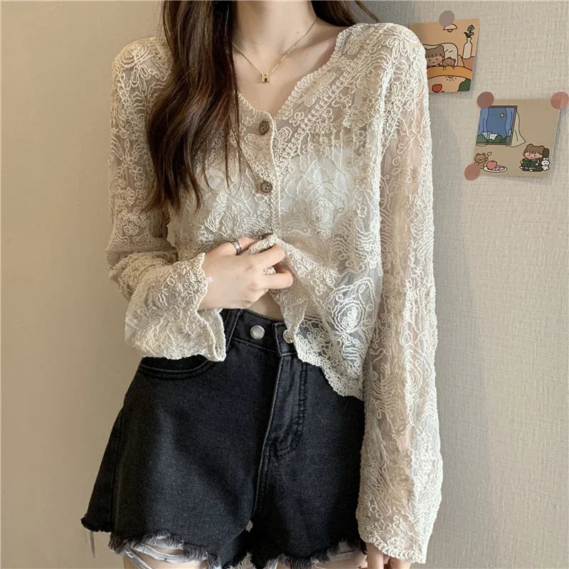 Vintage Summer Lace Blouses Women See Through Sheer Long Sleeve Sun
