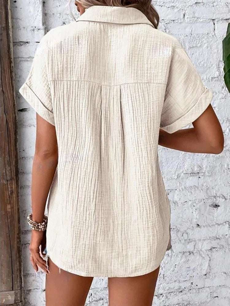 Women Casual Cotton Blouse Vintage Summer Short Sleeve Slim Shirt