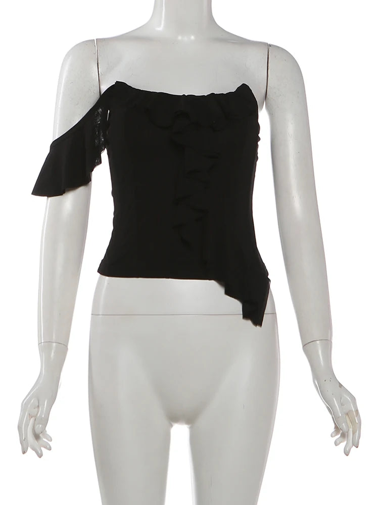 Kliou Sexy Fashion Tank Tops Woman Irregular Ruffles Wrap Chest Off