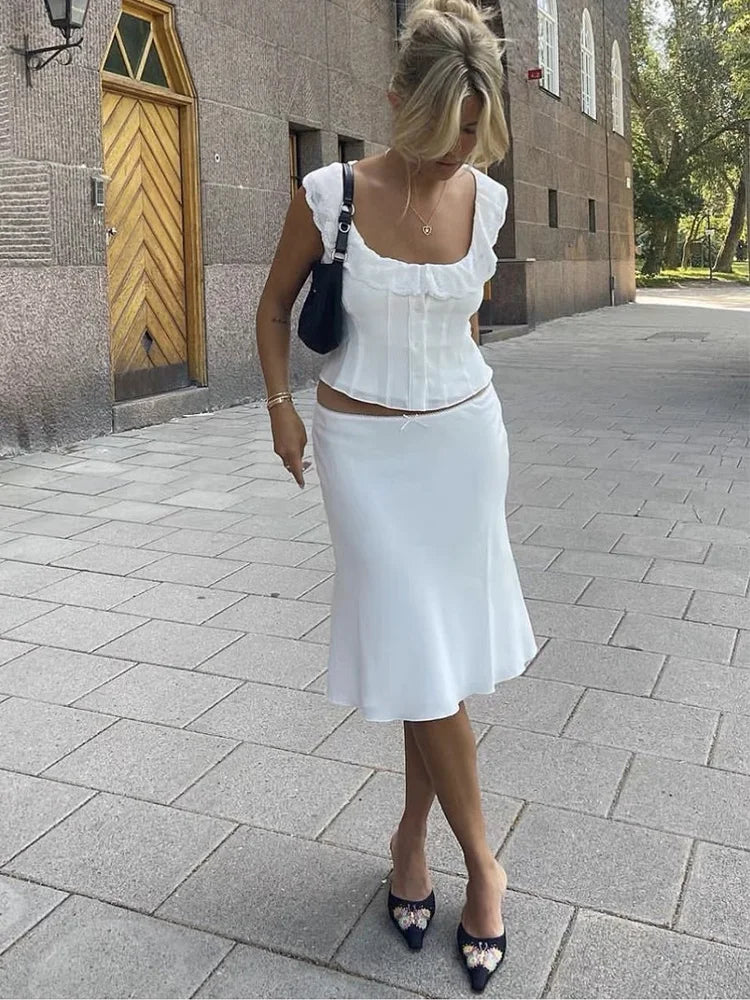 Foridol White Lace Summer Women Set Sleeveless Crop Top+midi Skirt