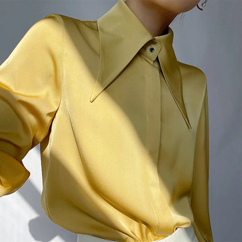 Stylish Elegant Turn Down Collar White Long Sleeve Satin Shirts