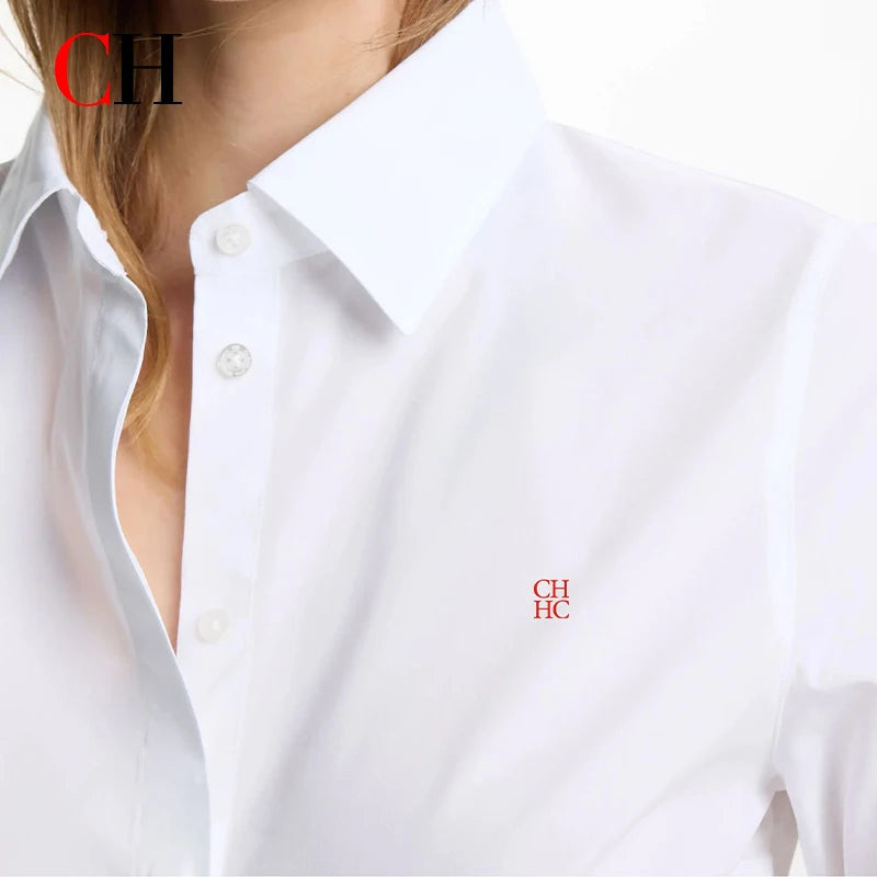 CH Letter Embroidered Solid Color Long Sleeve Shirt Women Point Collar