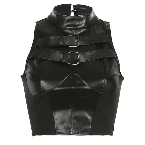 Streetwear Style Leather Mesh Splicing Half High Collar Belt Design