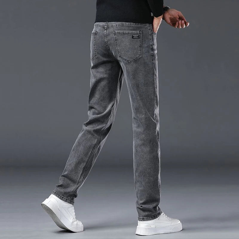 Spring Summer New Men's Slim Fit Elastic Jeans Gray Comfortable Casual