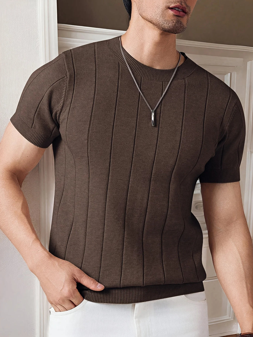 Summer Men Slim-fit Knitted T Shirt O Neck Solid Color Short Sleeve