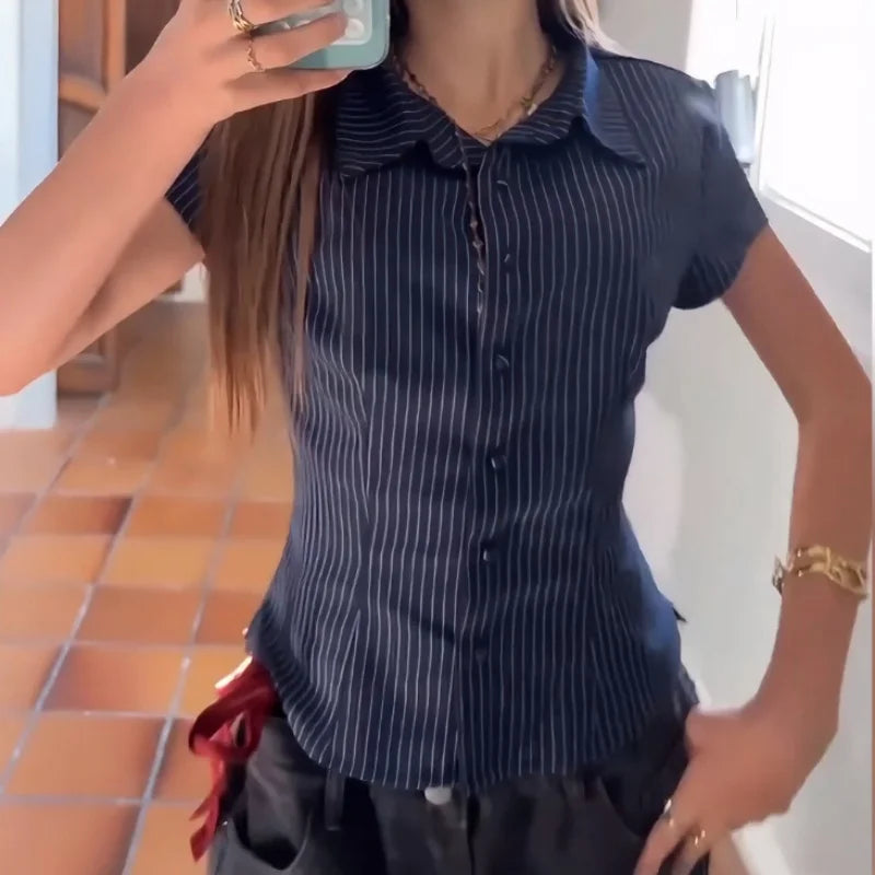 Women Short Sleeve Button Down Fitted Shirts Striped Print Slim