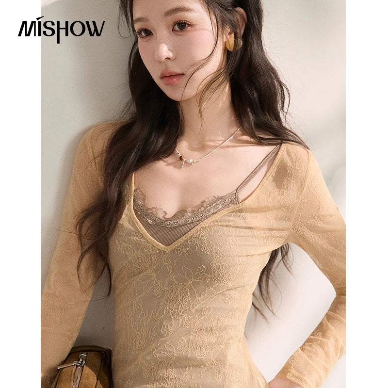 MISHOW Elegant Lace Straps V-Neck Long-sleeve Top Two Piece for Women