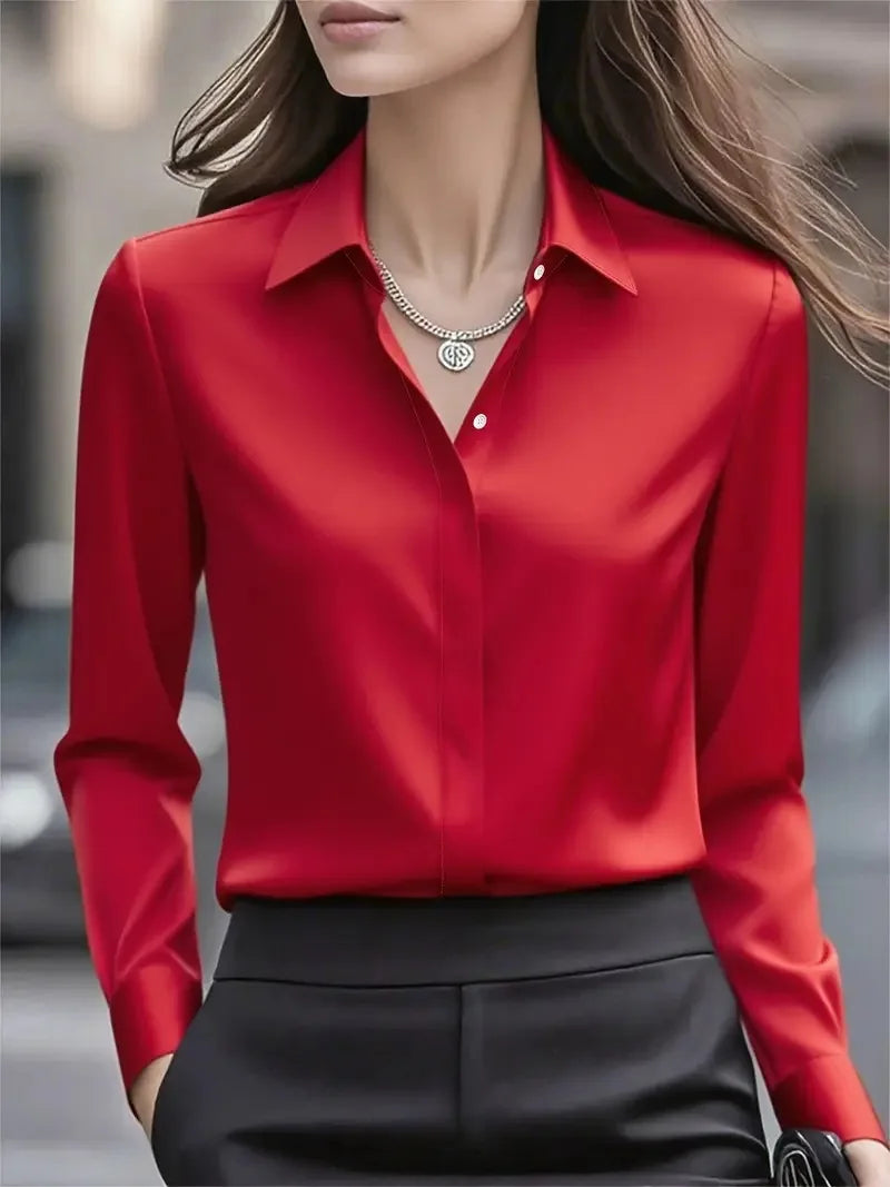 2025 New Women's Long-sleeved Shirt 10 Color Lapel Satin Button