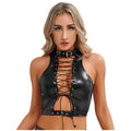 Women's Patent Leather Sleeveless Crop Tops Gothic Punk Corset Top
