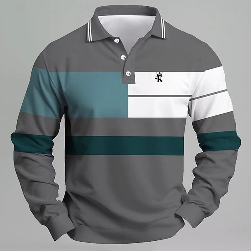 Logo Men's Long Sleeve Polo Shirt Color Block Striped Design Spring
