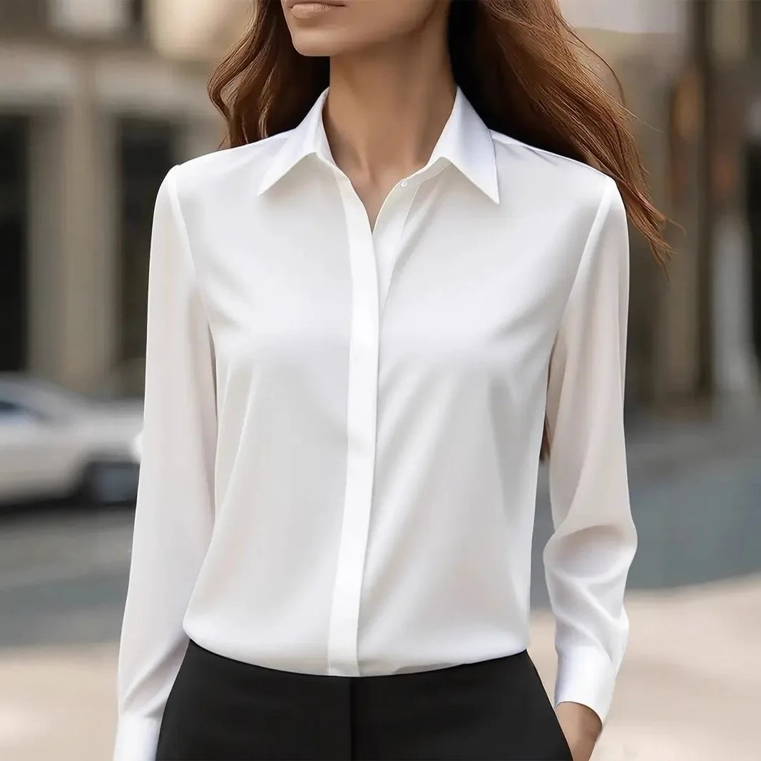 2025 New Women's Long-sleeved Shirt 10 Color Lapel Satin Button