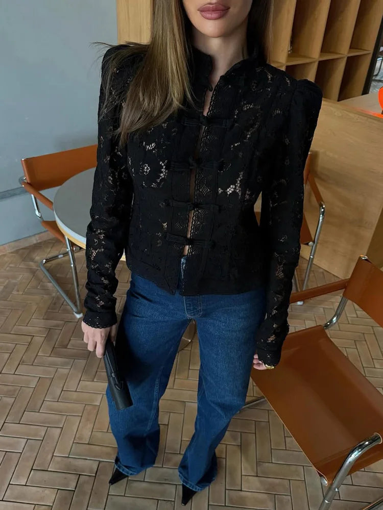 Tossy Summer Lace Printed Shirts Tops Female Hollow Out Fashion