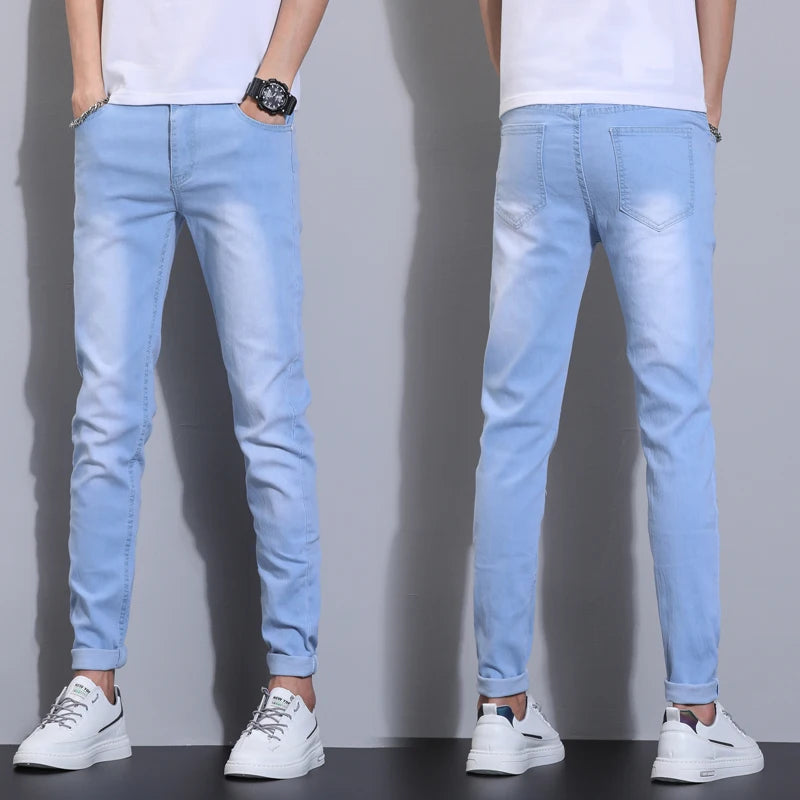 2024 Men's Autumn New High Elastic Jeans Sky Blue Fashion Slim Fit