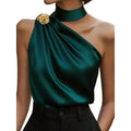 Chic Halter One Shoulder Satin Draped Dark Green Blouse, Sleeveless