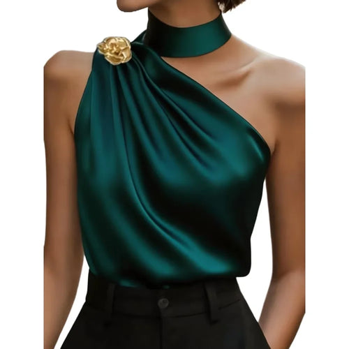Chic Halter One Shoulder Satin Draped Dark Green Blouse, Sleeveless