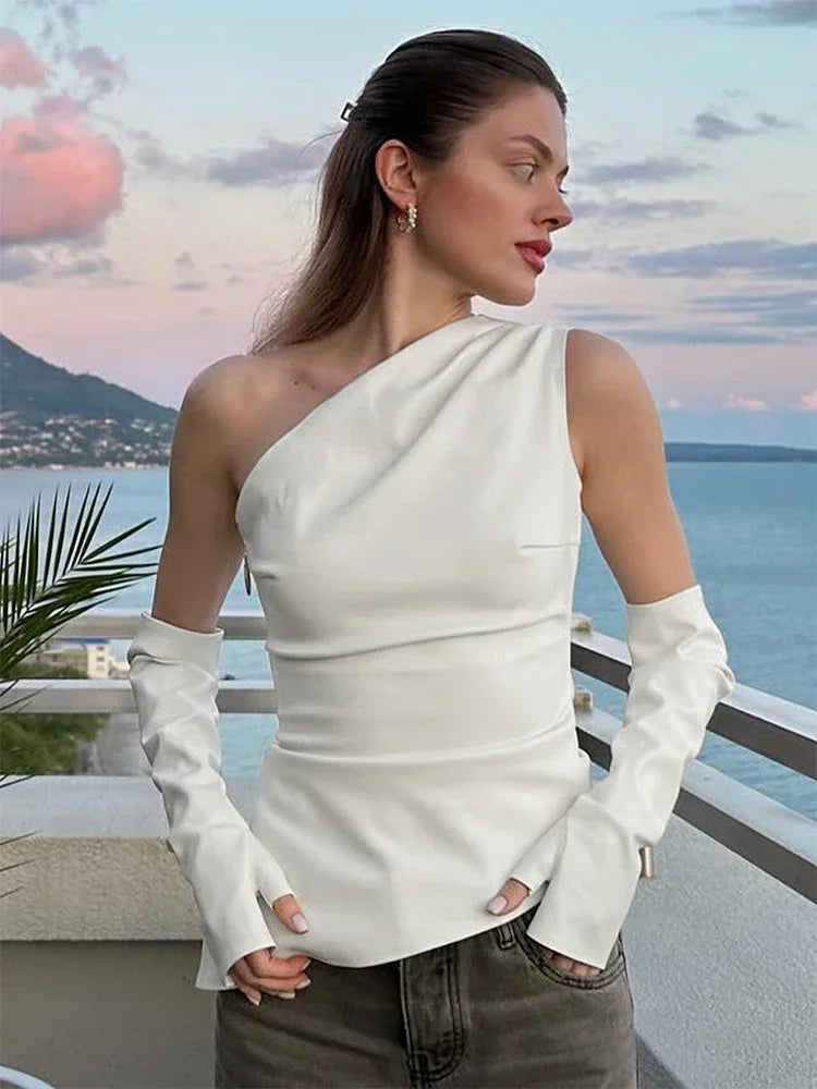 Trendix Slant Collar PU Top Sexy Asymmetrical Off Shoulder Slim