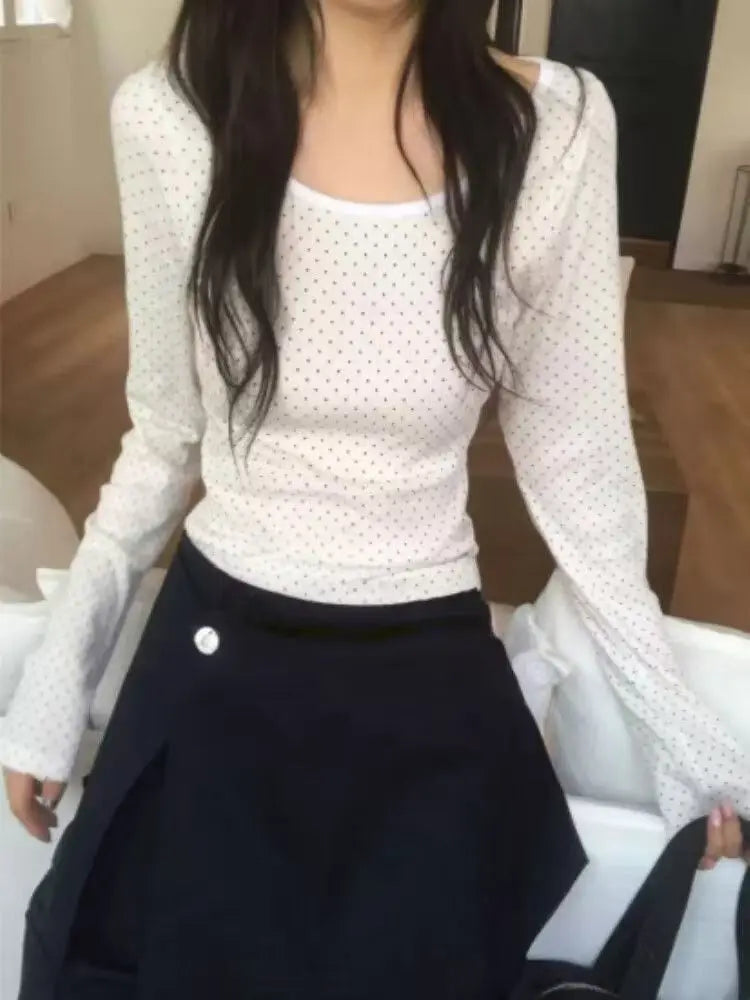 Deeptown Korean Style Polka Dot T-shirts Women Sweet Cute Long Sleeve