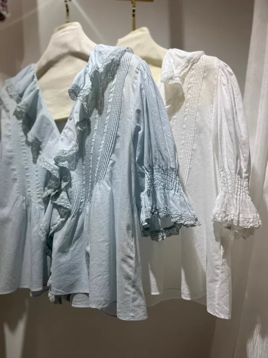 Lace Patchwork Women Casual Shirt 100% Cotton Ruffles V-Neck Puff