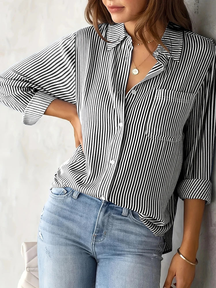 Women Long Sleeve Striped Loose Shirt Office Lady Elegant Turn Down