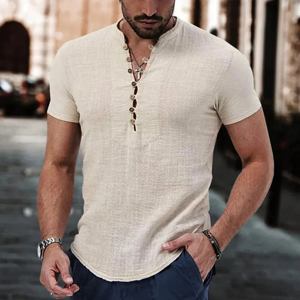 New Men's Short Sleeve T-shirt for Men Button Cotton Linen Shirt Men's