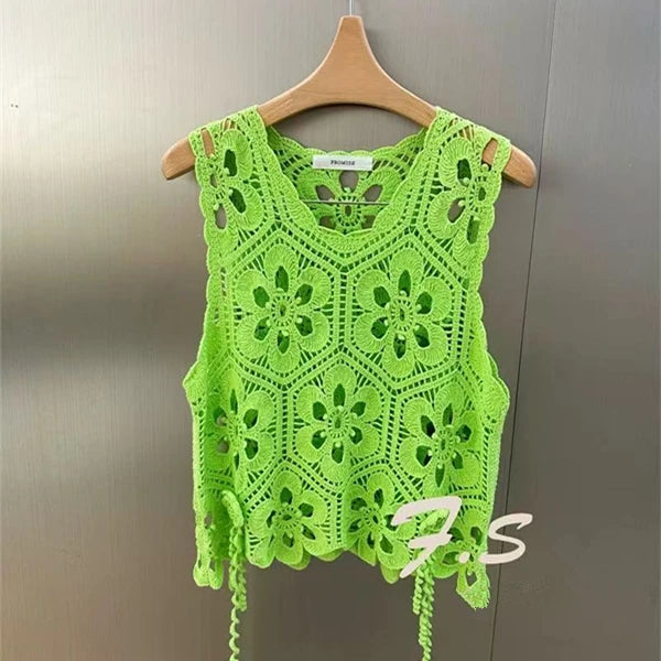 Women Crochet Tank Top Floral Embroidery Sheer Openwork Sleeveless