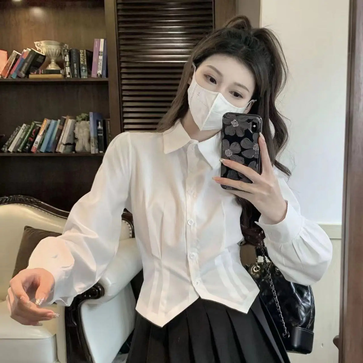 2000s White Long sleeve Vintage Shirt Women Slim Tunic Button up Basic