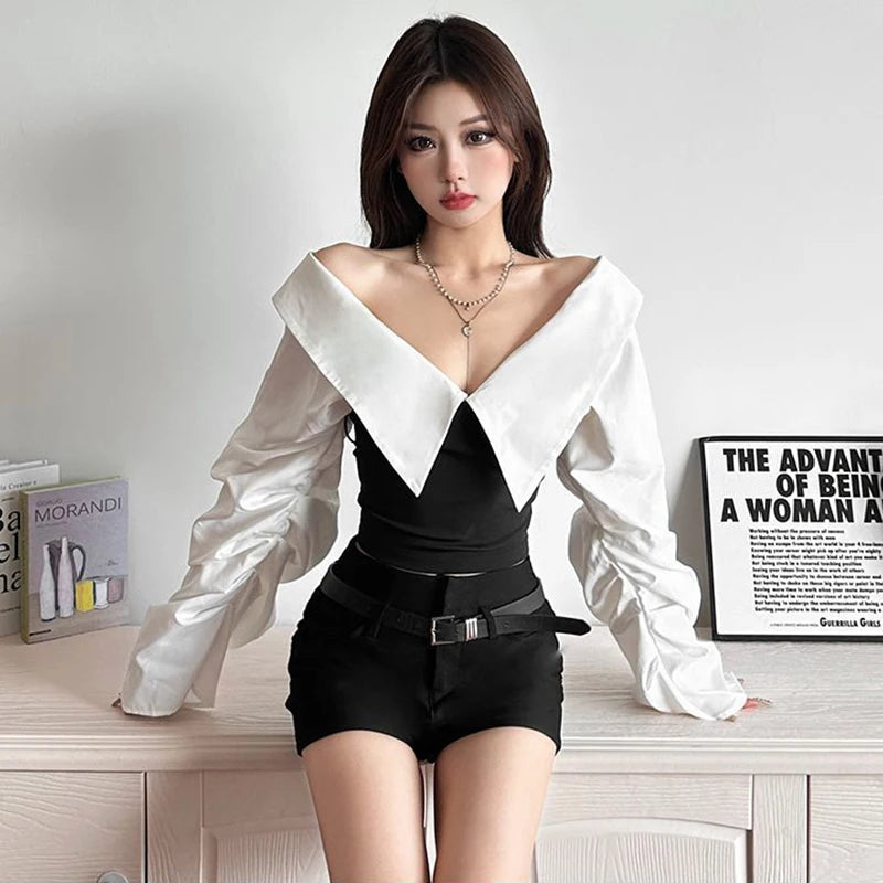 Y2K Slash Neck Shirts Women Streetwear Cropped Patchwork Long Sleeve