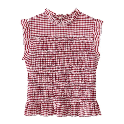 2026 Summer Women's Plaid Sleeveless Top - Sweet Round Neck Smocked