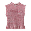 2026 Summer Women's Plaid Sleeveless Top - Sweet Round Neck Smocked