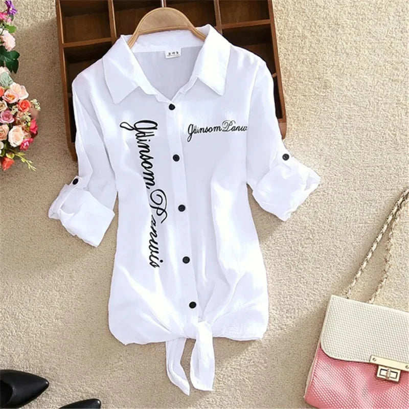 Women Spring Summer Casual Blouses Shirts Lady Long Sleeve Turn-down