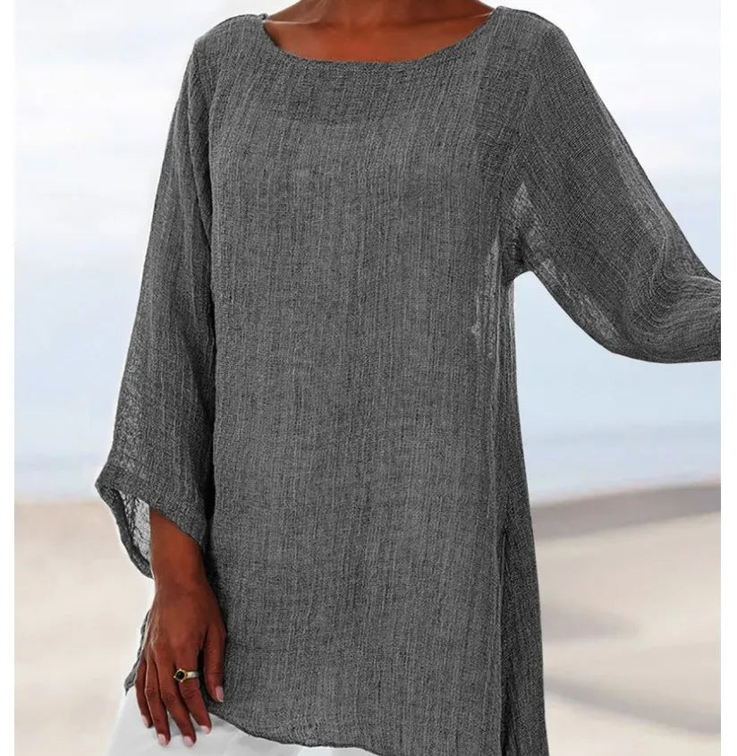 Hot Blouse Women Solid Color Cotton Linen O-Neck Long Sleeve Irregular